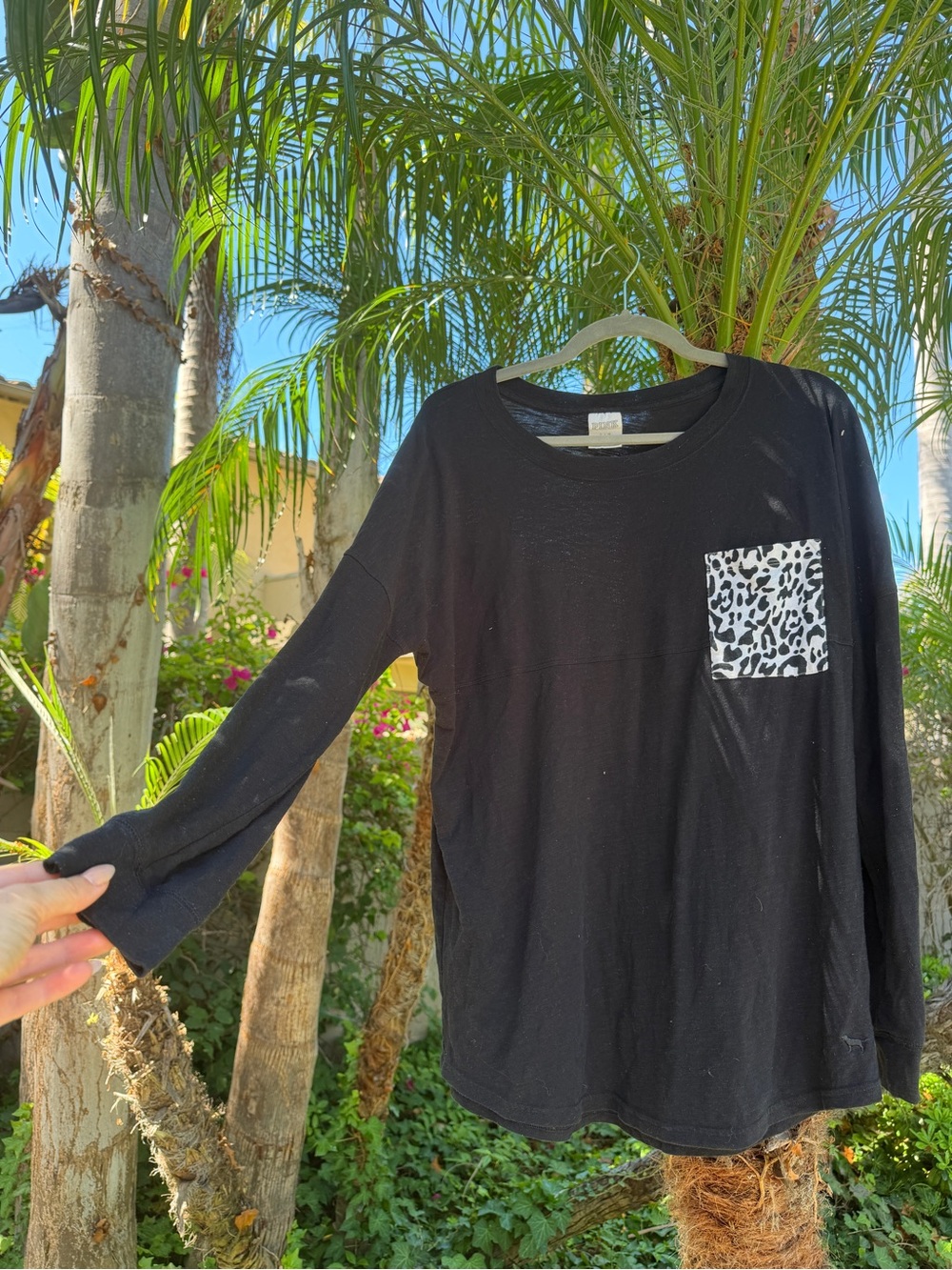 PINK Victoria's Secret Black Long-Sleeve Top with Leopard Pocket